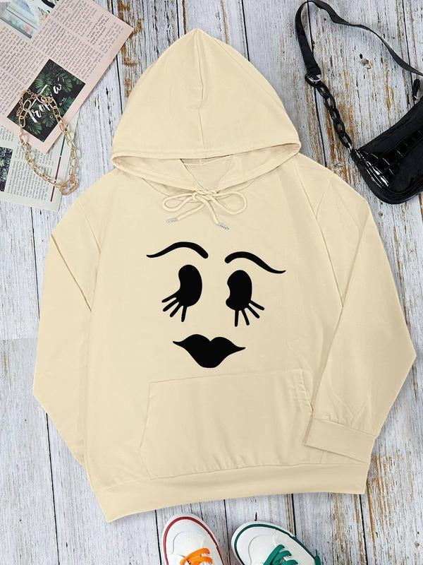Women's Cartoon Face Print Drop Shoulder Hoodie, Fashion Casual Drawstring Pocket Hooded Sweatshirt for Daily Holiday...