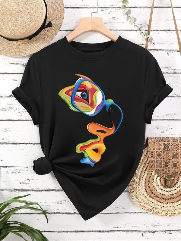 Cartoon Face Print Round Neck Casual Short Sleeve Crew Neck Daily Clothes All Seasons T-Shirts, Hoodie, Sweatshirt