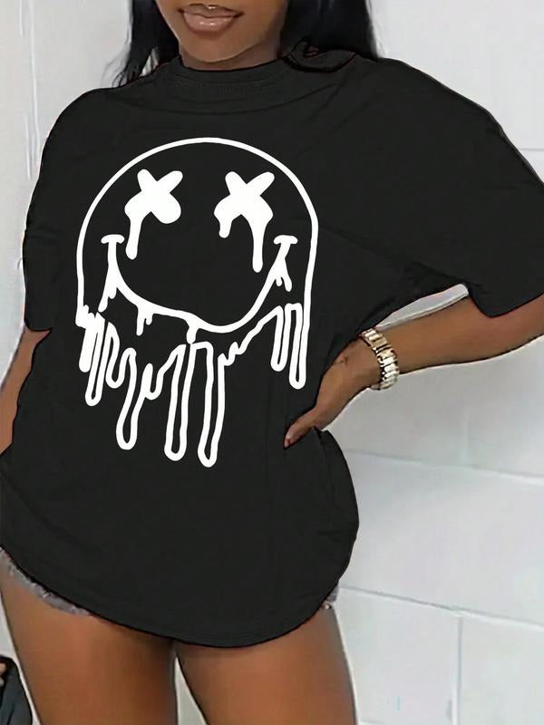 Women's Cartoon Face Print Round Neck Tee, Fitted Trendy Casual Short Sleeve T-Shirt for Daily Holiday Outdoor Wear,...