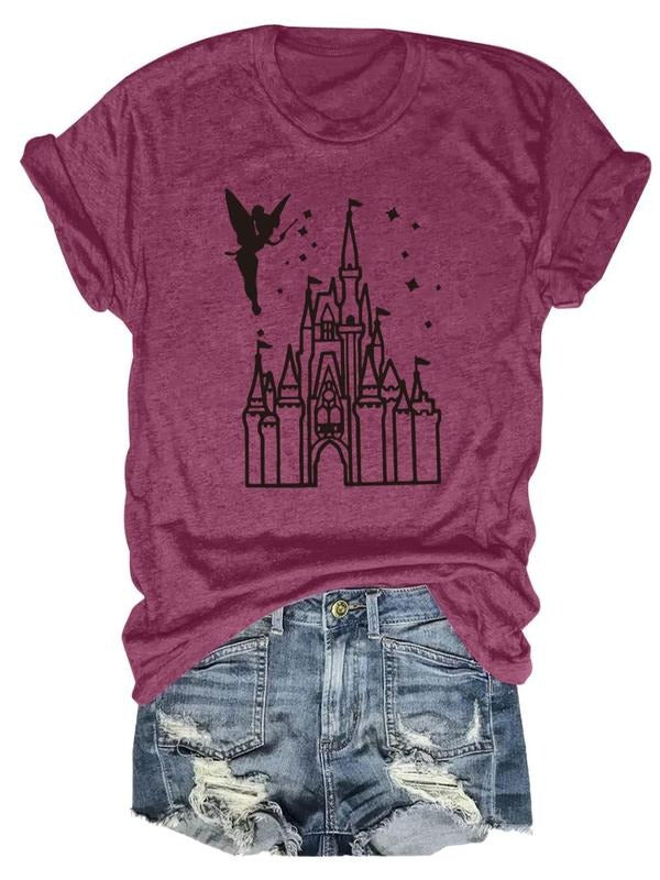 Women's Cartoon Fairy Tale Castle Print Round Neck Tee, Casual Soft Comfortable Short Sleeve T-shirt for Daily Wear,...