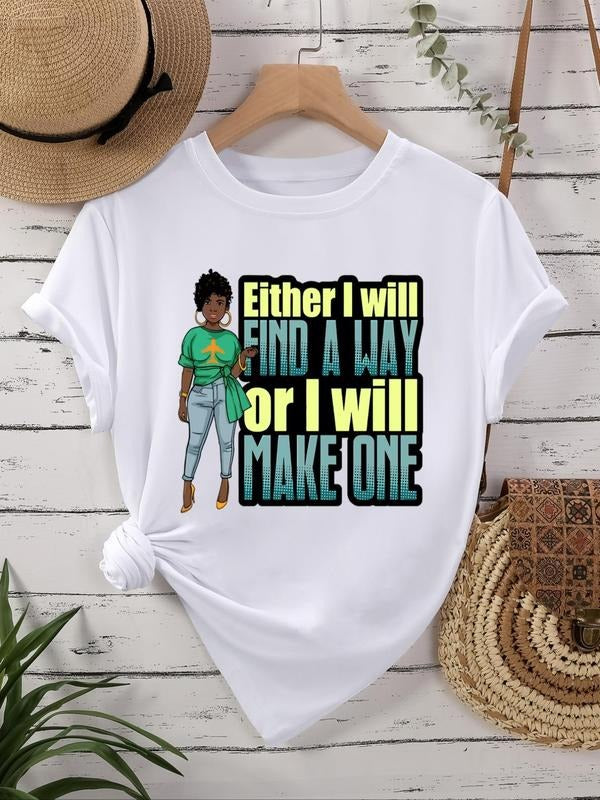 Women's Cartoon Figure & Slogan Print Round Neck Graphic Tee, Vintage Trendy Casual Short Sleeve T-shirt for Daily Wear,...