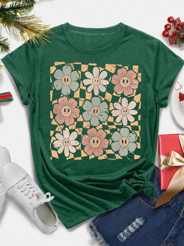 Women's Cartoon Floral & Number Print Round Neck Tee, Casual Short Sleeve Crew Neck T-Shirt for All Seasons, Fashion...