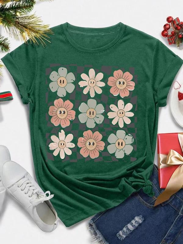 Women's Cartoon Floral Print Round Neck Tee, Fashion Casual Short Sleeve T-shirt, Ladies Summer Clothes for Daily Wear...