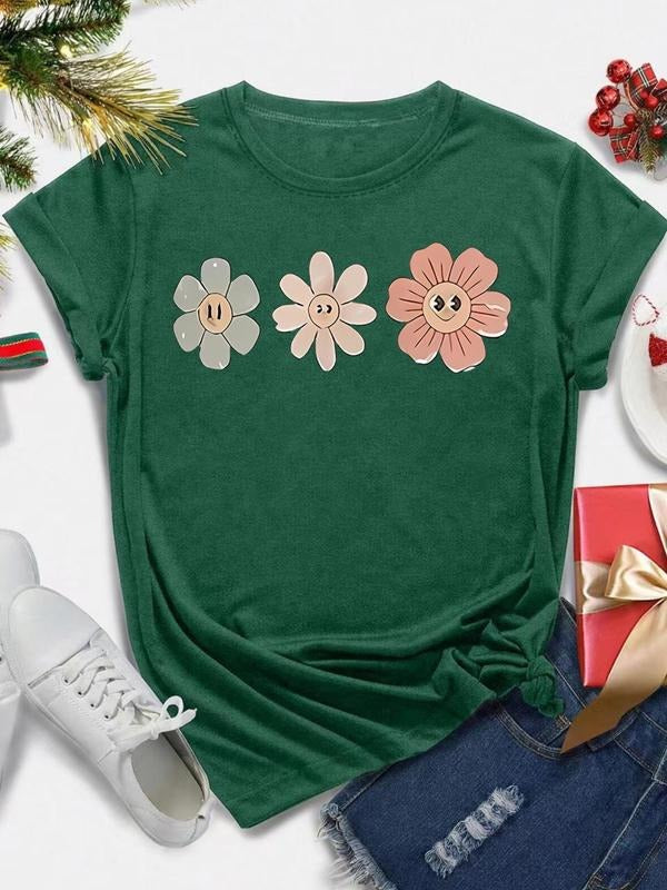 Women's Cartoon Floral Print Round Neck Tee, Fashion Casual Short Sleeve T-shirt, Ladies Summer Clothes for Daily Wear...