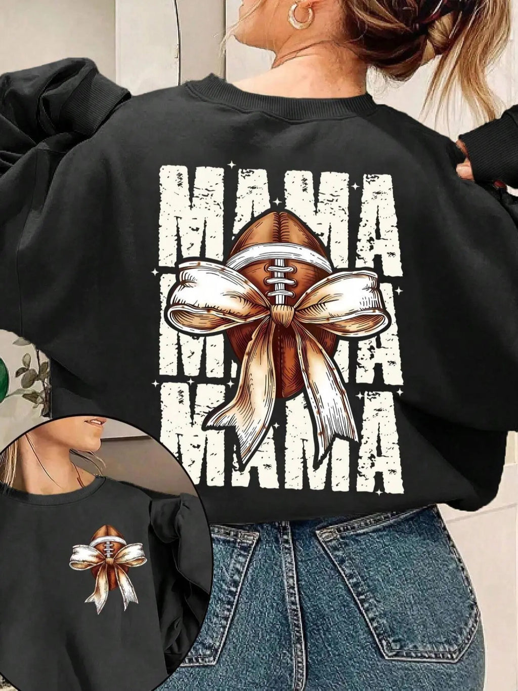 Women's Cartoon Football & Letter Print Drop Shoulder Warm Sweatshirt, Casual Long Sleeve Round Neck Pullover for Fall &...