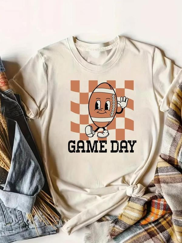 Women's Cartoon Football & Letter Print Round Neck Tee, Casual Short Sleeve T-Shirt for Summer, Women's Top for Daily...