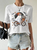 Women's Cartoon Ghost & Bicycle & Floral Print Round Neck Tee, Cute Casual Short Sleeve T-shirt for Summer, Women's Top for Daily Wear