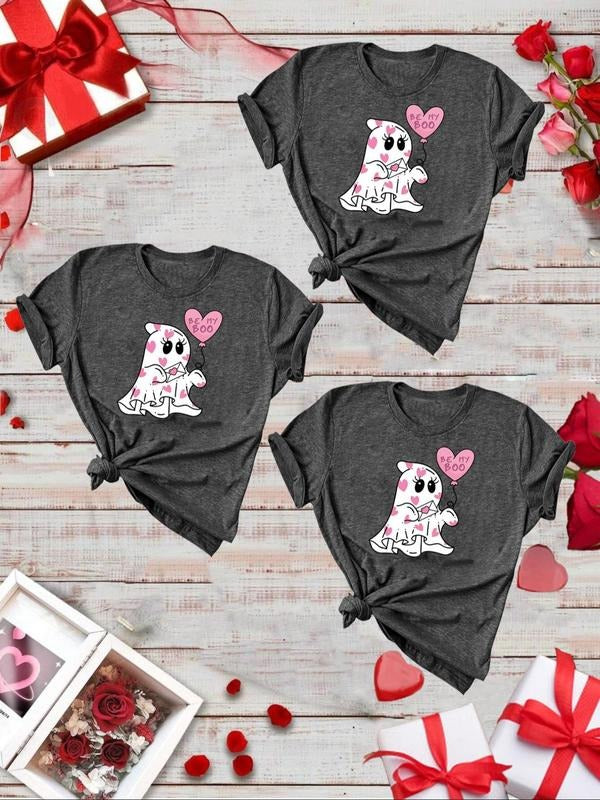 Women's Cartoon Ghost & Heart Print Round Neck Tee, Casual Short Sleeve T-shirt for Daily Wear, Ladies Clothes for All...