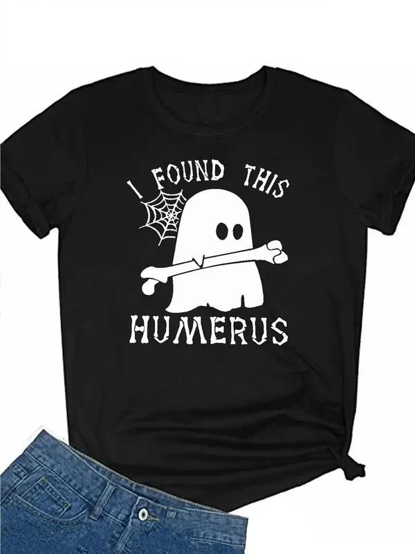 Women's Cartoon Ghost & Letter Print Round Neck Tee, Fashion Casual Short Sleeve Crew Neck T-Shirt for Daily Wear, Ladies...