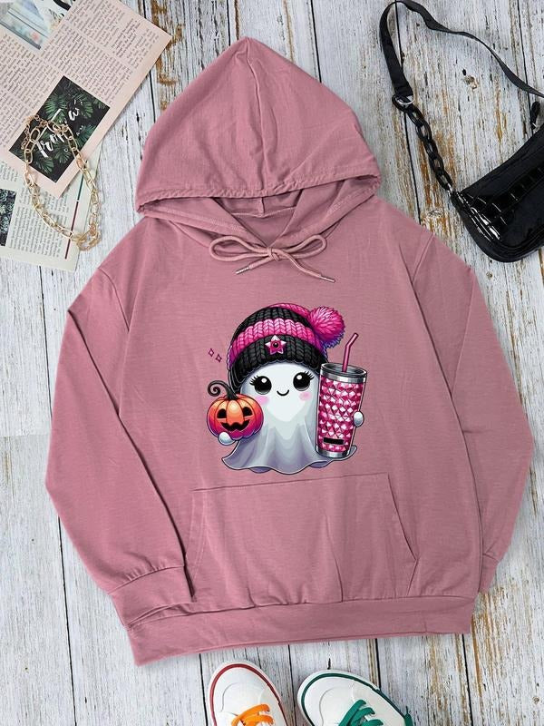 Women's Cartoon Ghost Print Drop Shoulder Hoodie, Fashion Casual Drawstring Pocket Hooded Sweatshirt for Halloween Daily...
