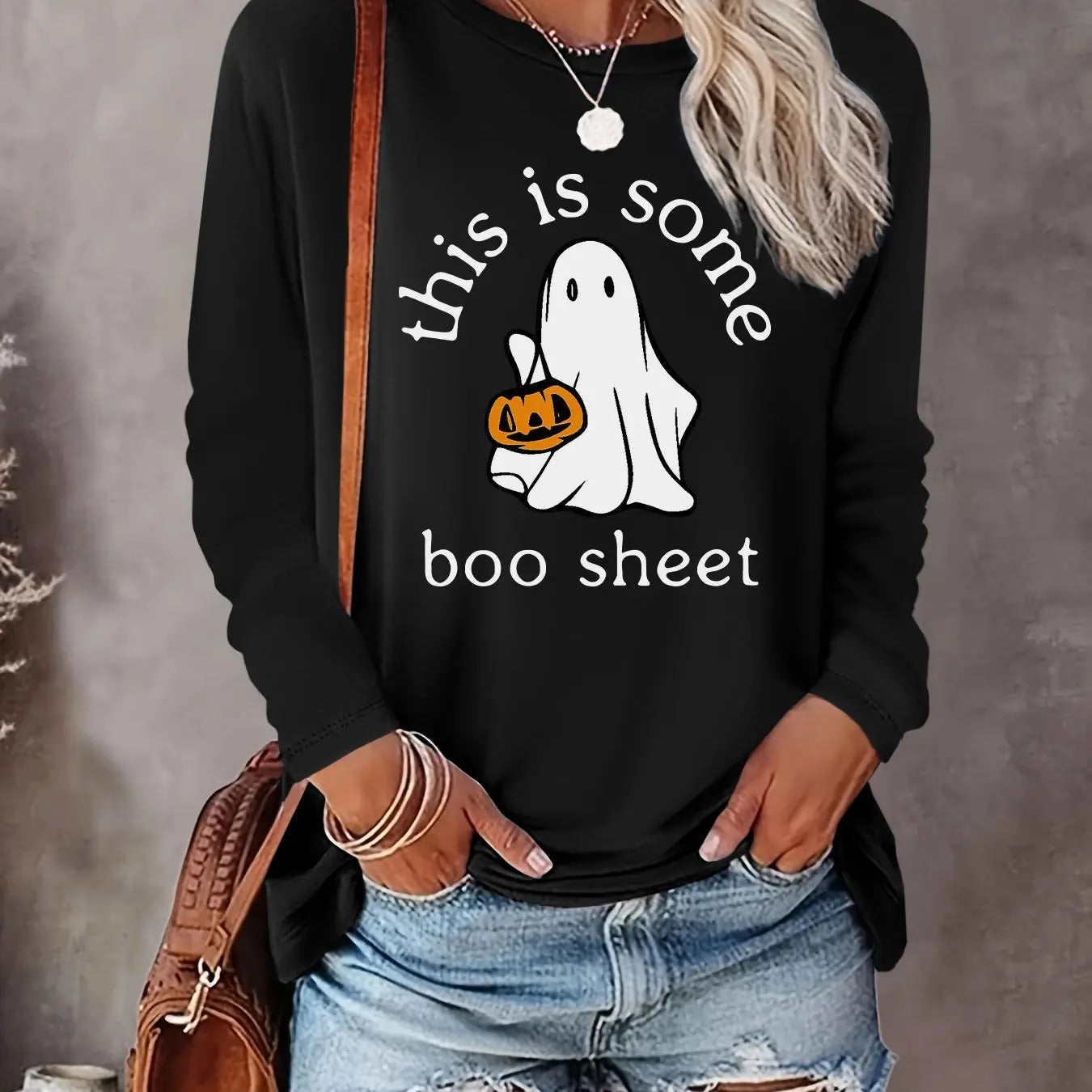 Women's Cartoon Ghost Print Round Neck T-shirt, Fashion Casual Long Sleeve Tee, Women's Top for Daily Wear Hoodie Sweatshirt