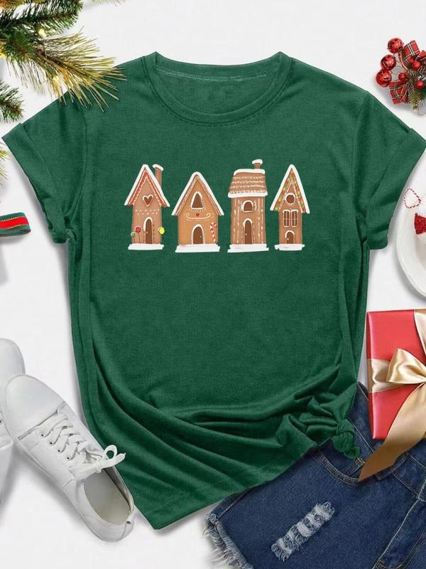 Women's Cartoon Gingerbread House Print Round Neck Tee, Casual Short Sleeve Crew Neck T-Shirt for All Seasons, Fashion...