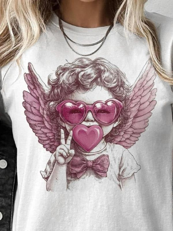 Women's Cartoon Girl & Heart Print Round Neck Tee, Fashion Casual Short Sleeve T-shirt, Ladies Summer Clothes for Daily...