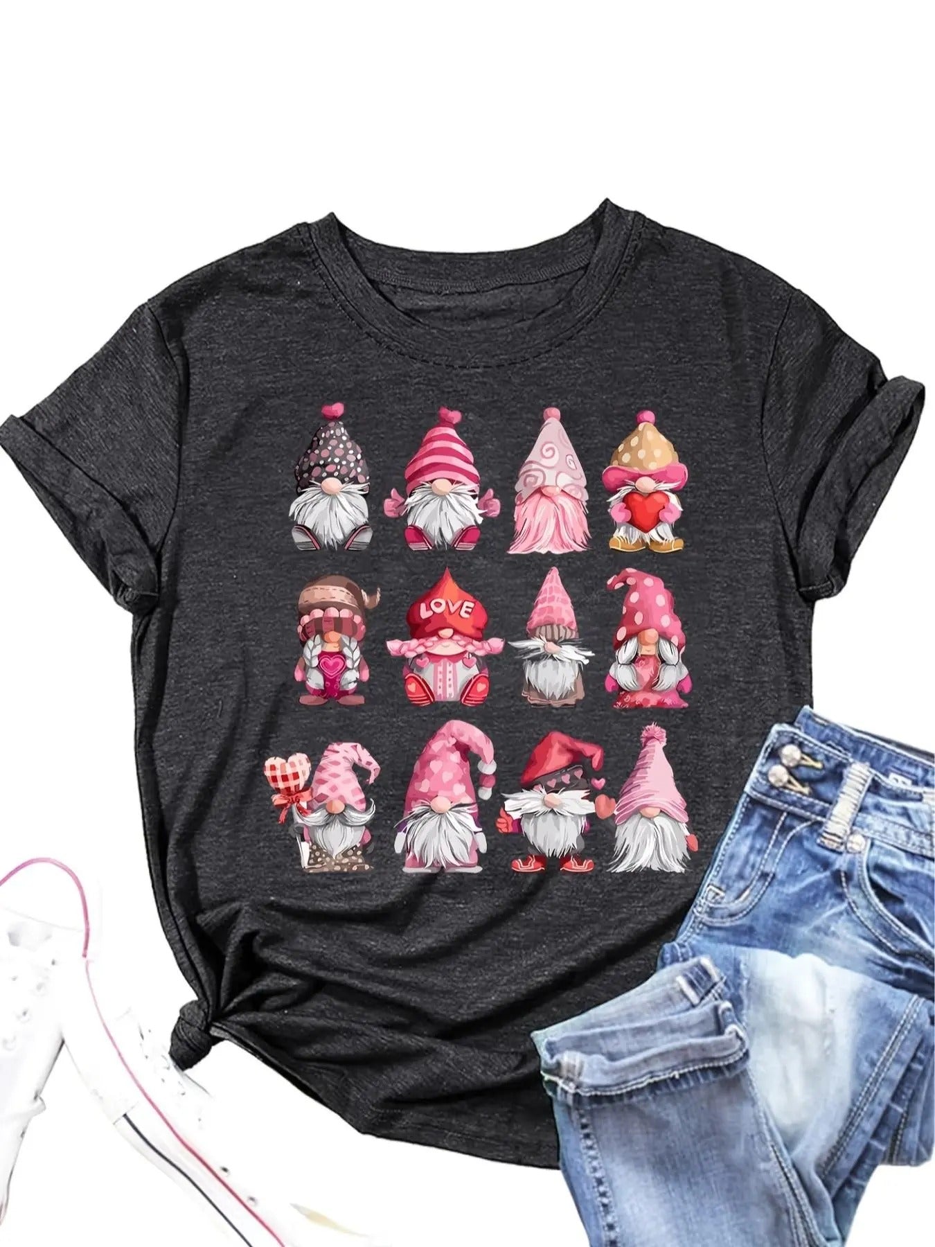 Women's Cartoon Gnome Print Round Neck Tee, Casual Short Sleeve Crew Neck T-shirt for Daily Wear, Ladies Clothes for All...