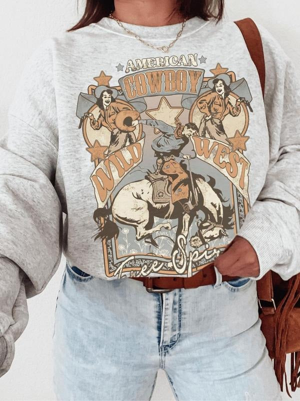 Cartoon Print Crew Neck Thermal Lined Casual Drop Shoulder Long Sleeve Fall & Winter Clothes Daily T-Shirts, Hoodie, Sweatshirt