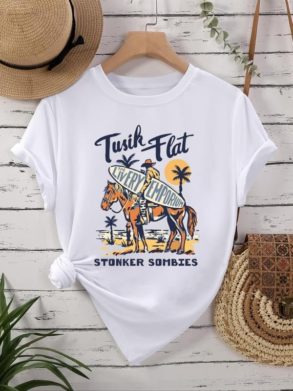 Women's Cartoon Graphic Print Round Neck Tee, Fashion Casual Short Sleeve T-shirt for Daily Wear, Ladies Summer Clothes...