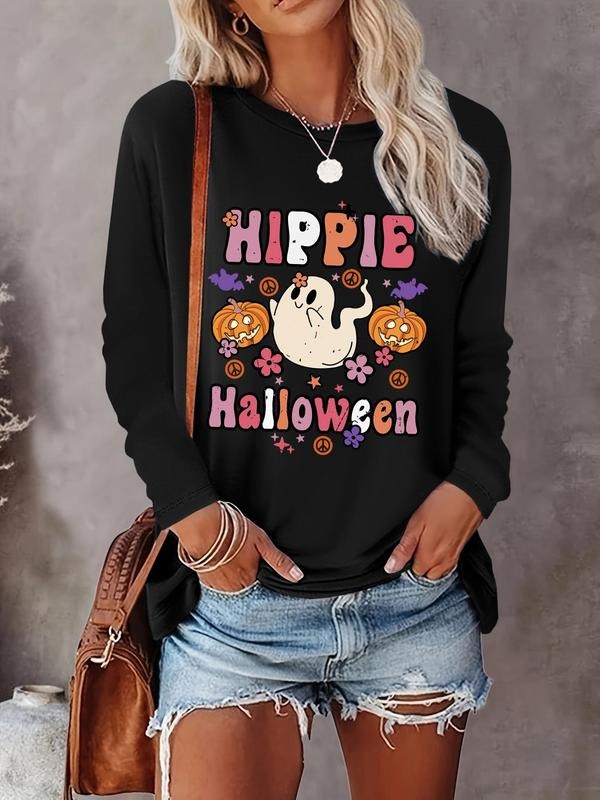 Women's Cartoon Halloween Graphic Print Tee, Casual Long Sleeve Crew Neck T-shirt for Spring & Fall, Women's Top for...