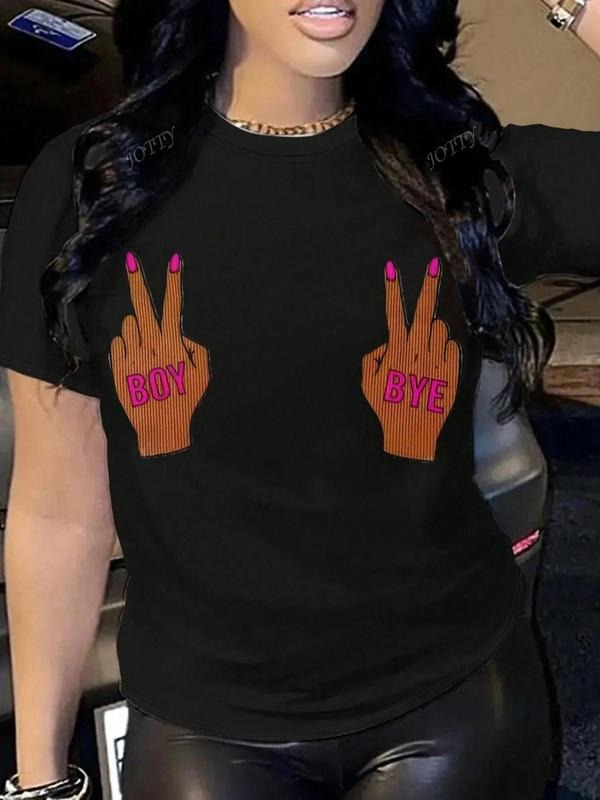 Cartoon Hand Gesture Print Round Neck Casual Crew Neck Daily Vacation Outdoor Clothes Summer Top T-Shirts, Hoodie, Sweatshirt