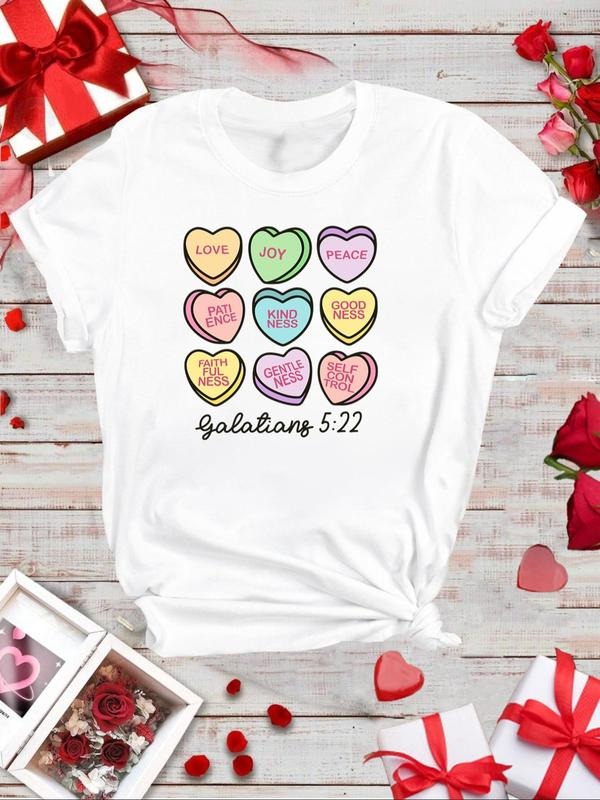 Women's Cartoon Heart Letter Print Round Neck Tee, Casual Short Sleeve Crew Neck T-shirt for Daily Wear, Ladies Clothes...