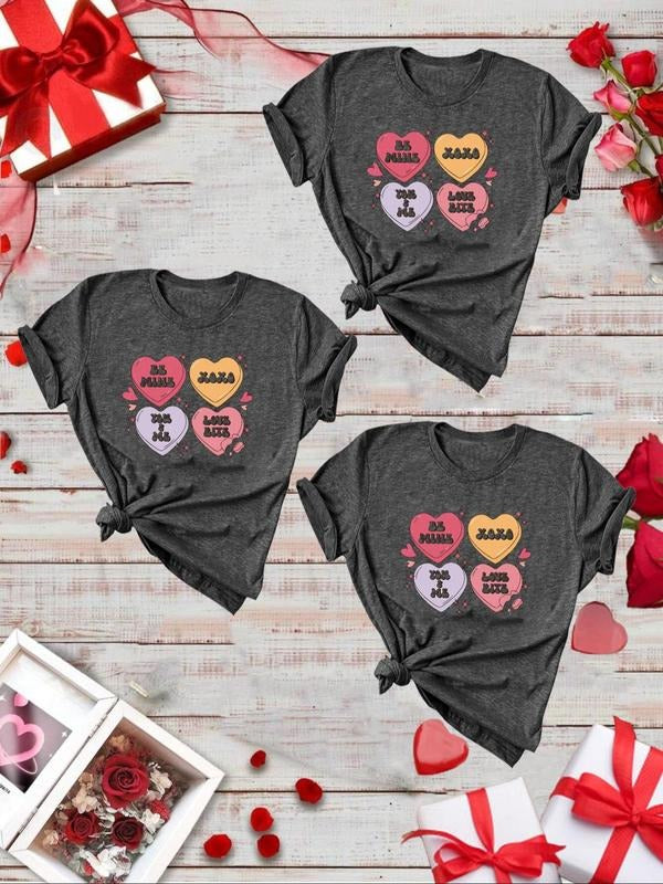 Women's Cartoon Heart Print Round Neck Tee, Casual Short Sleeve T-shirt for Daily Wear, Ladies Clothes for All Seasons...