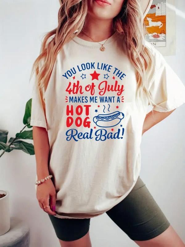 Women's Cartoon Hot Dog & Letter Print Tee, Casual Round Neck T-shirt for Daily Wear, Ladies Clothes for All Seasons...