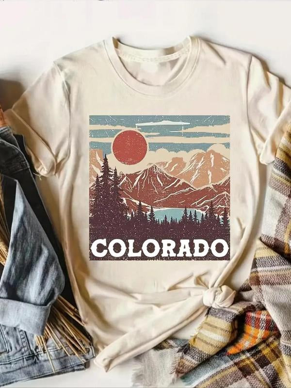 Women's Cartoon Landscape Graphic Print Round Neck Tee, Fashion Casual Short Sleeve T-shirt for Daily Wear, Ladies Summer...