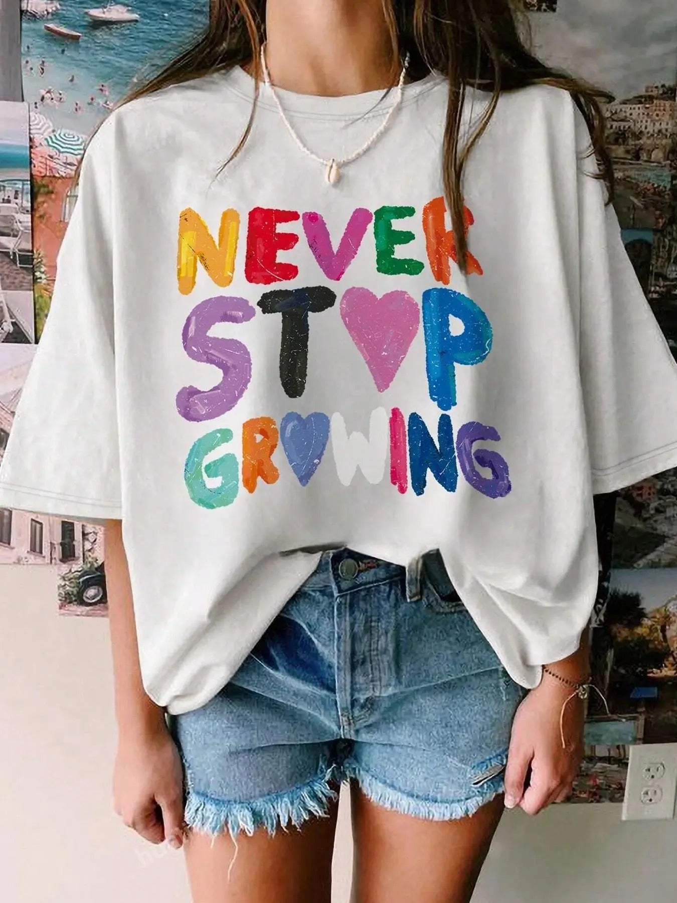 Women's Cartoon Letter Graphic Print Round Neck Tee, Fashion Casual Drop Shoulder Short Sleeve T-shirt, Ladies Summer...