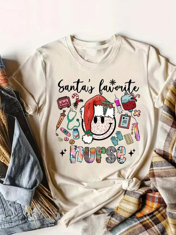 Women's Cartoon Nurse Santa Claus Print Round Neck Graphic Tee, Casual Short Sleeve T-shirt for Daily Wear, Ladies...