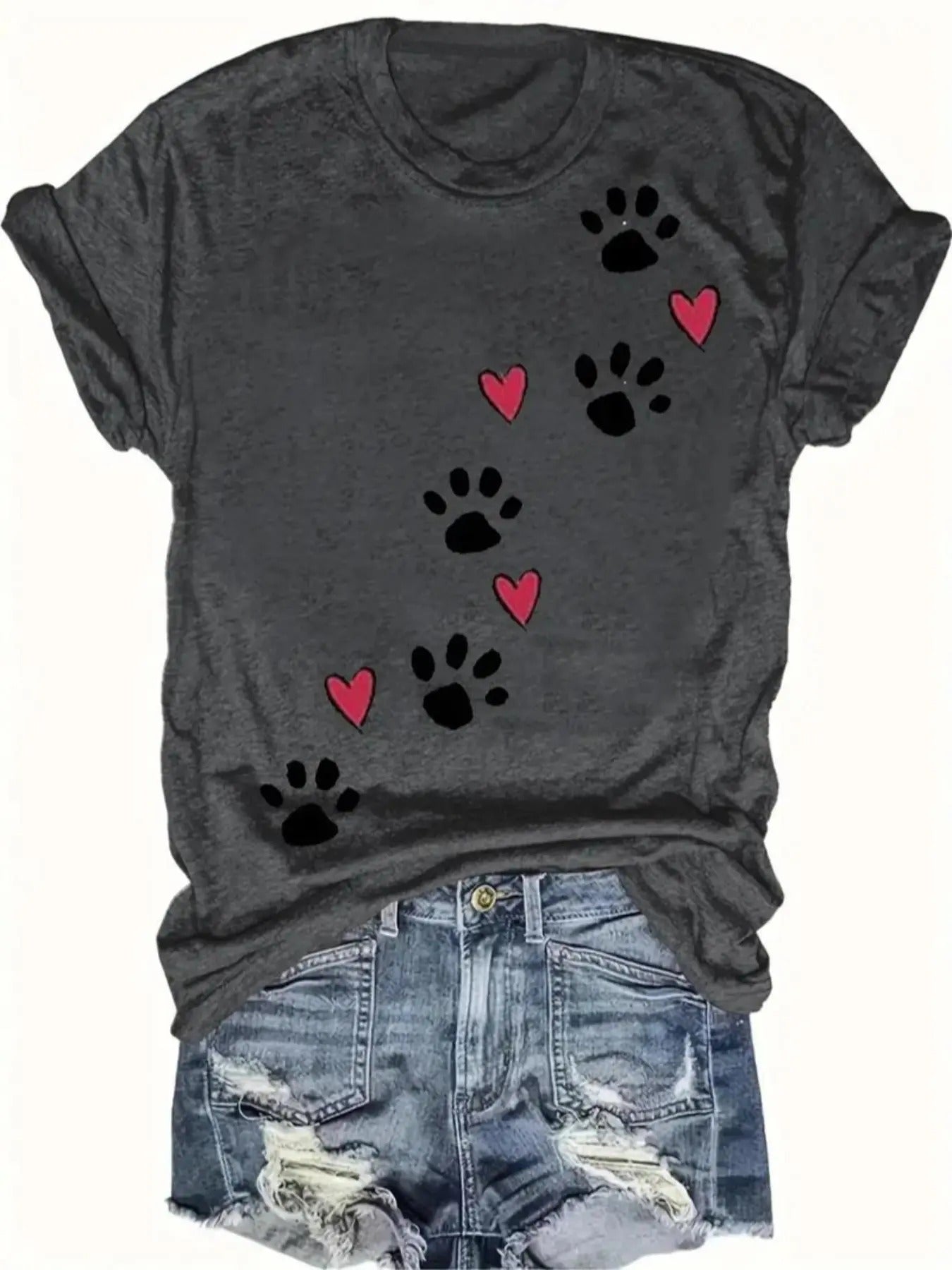 Women's Cartoon Paw & Heart Print Round Neck Tee, Casual Short Sleeve Crew Neck T-shirt for Daily Wear, Ladies Clothes...