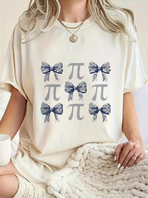 Women's Cartoon Pi & Bow Print Round Neck Tee, Casual Short Sleeve T-shirt for Daily Wear, Ladies Clothes for All Seasons...