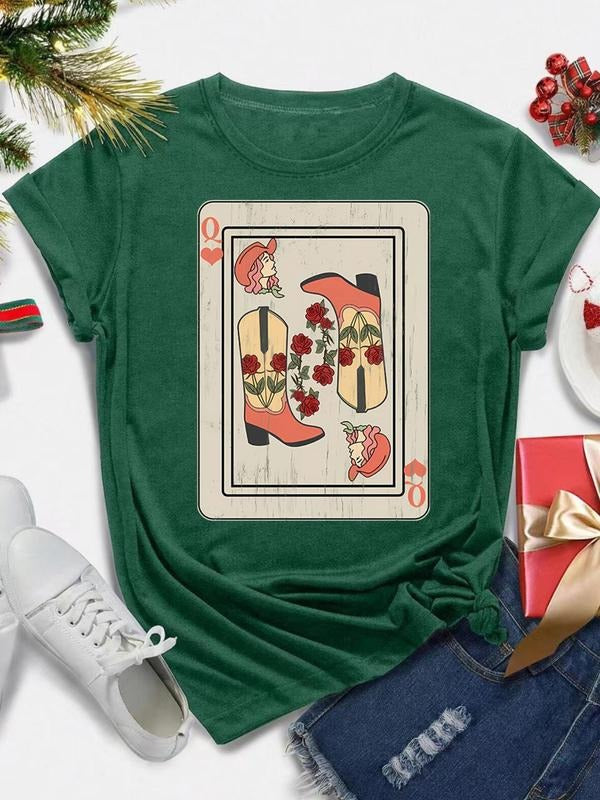 Women's Cartoon Playing Card Print Round Neck Graphic Tee, Vintage Trendy Casual Short Sleeve T-shirt for Daily Wear,...