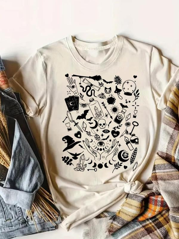 Women's Cartoon Print Round Neck Tee, Casual Short Sleeve Graphic T-shirt for Daily Wear, Ladies Clothes for All Seasons,...