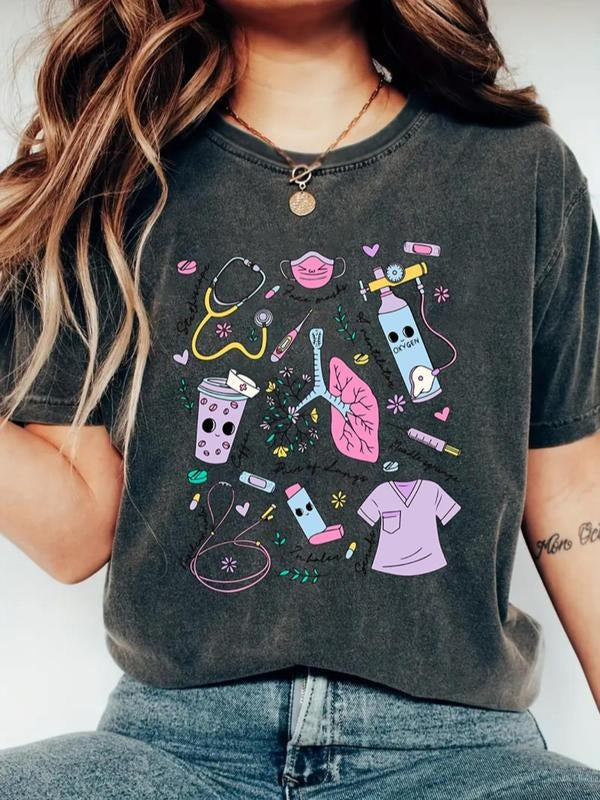 Women's Cartoon Print Round Neck Tee, Casual Short Sleeve T-shirt for Summer, Comfortable Women's Clothing, Funny Women's...