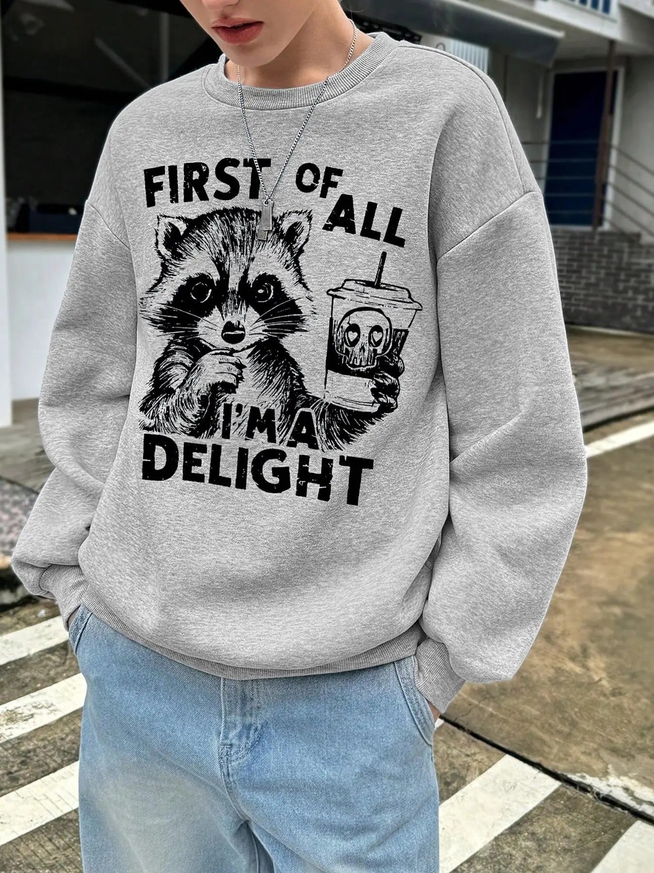 Cartoon Raccoon & Letter Print Casual Long Sleeve Round Neck Daily Clothes All Seasons T-Shirts, Hoodie, Sweatshirt