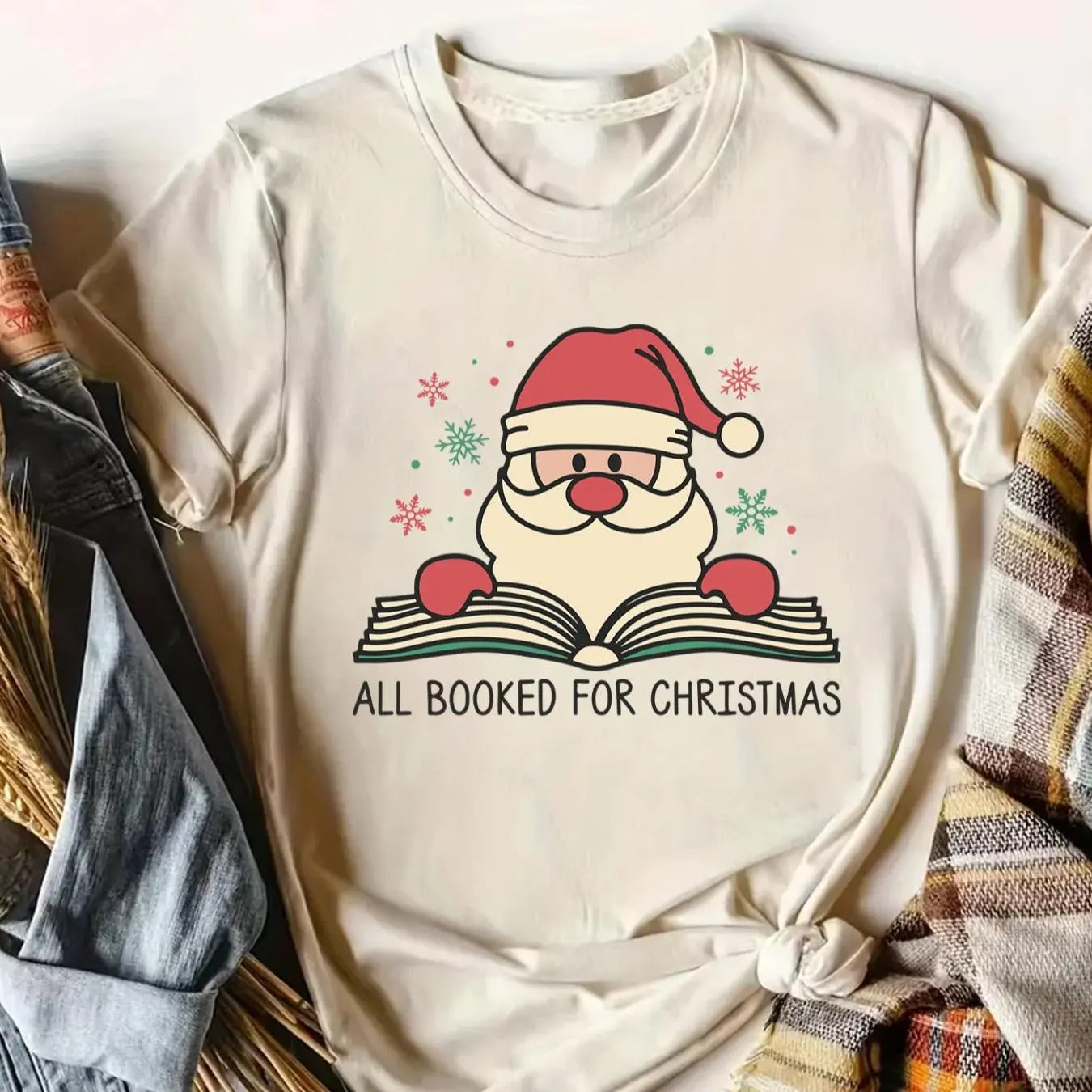 Women's Cartoon Santa Claus & Book Print Round Neck Tee, Casual Short Sleeve T-shirt for Summer, Ladies Clothes for Daily...