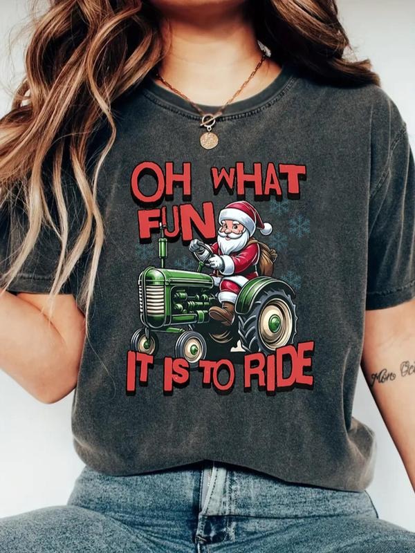 Women's Cartoon Santa Claus & Tractor Print Round Neck Tee, Casual Funny Graphic Short Sleeve T-shirt for Daily Wear,...