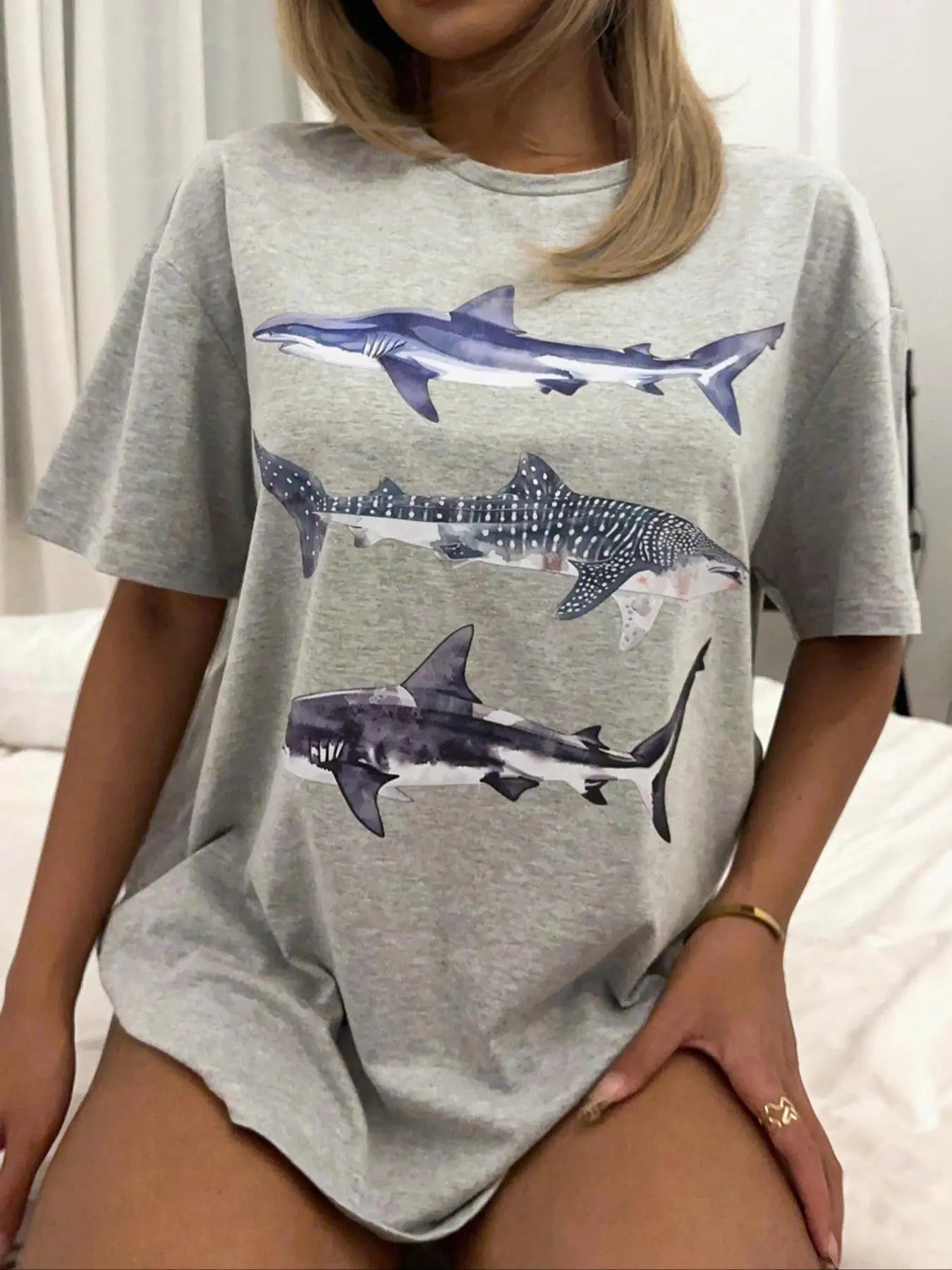 Women's Cartoon Shark Print Drop Shoulder Tee, Casual Half Sleeve Round Neck T-Shirt for Summer, Ladies Clothes for Daily...