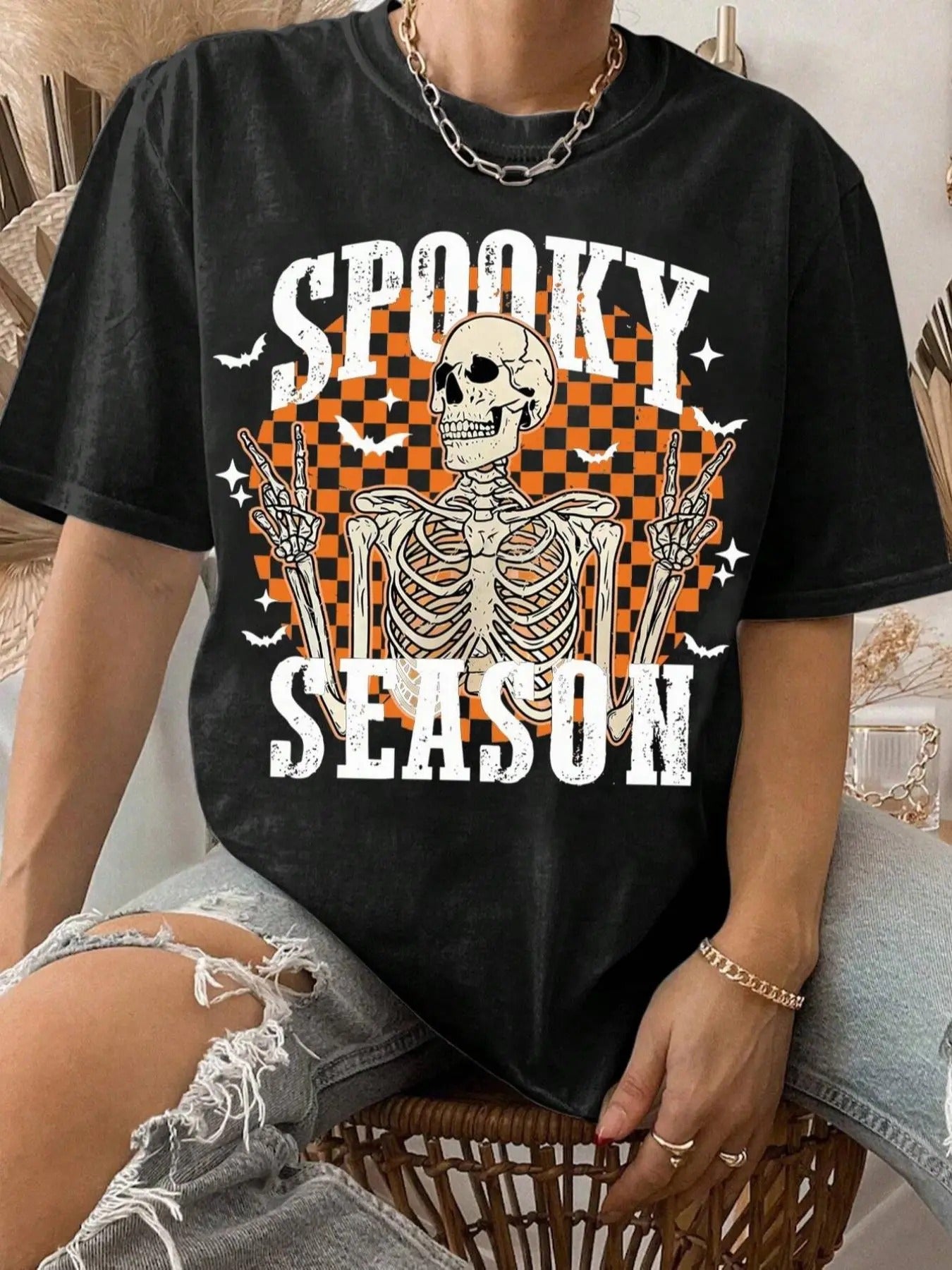 Cartoon Skeleton & Letter Print Round Neck Casual Short Sleeve Daily Summer Clothes T-Shirts, Hoodie, Sweatshirt