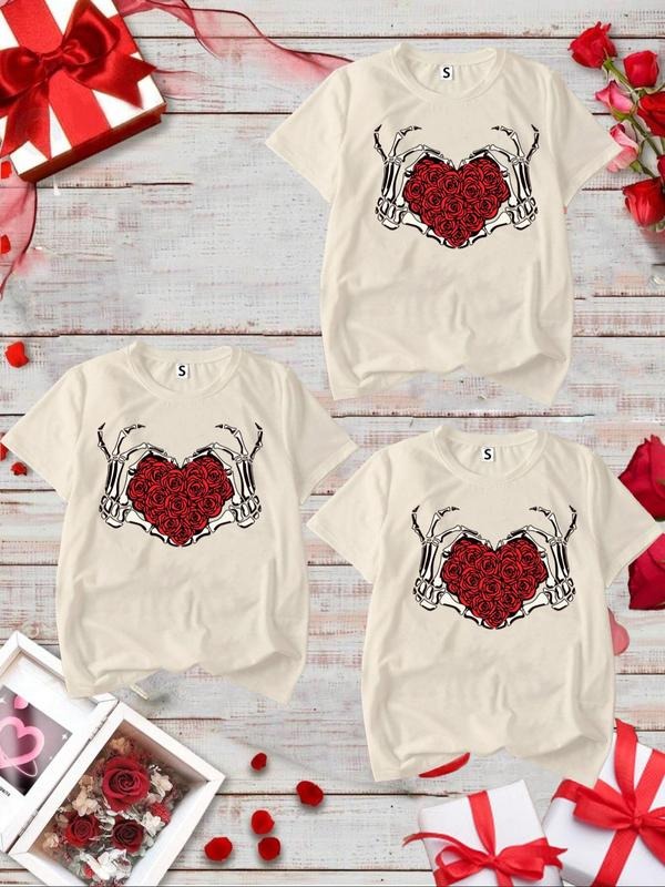 Women's Cartoon Skull & Heart Print Crew Neck Tee, Casual Short Sleeve T-shirt for Daily Wear, Ladies Clothes for Summer...