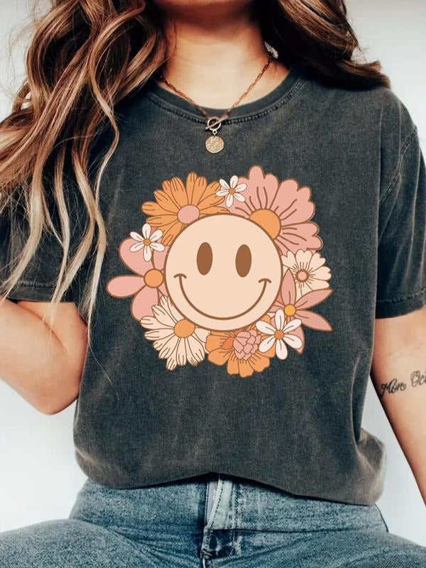 Women's Cartoon Smile Face & Flower Print Round Neck Tee, Casual Short Sleeve Crew Neck T-shirt for Daily Wear, Ladies...