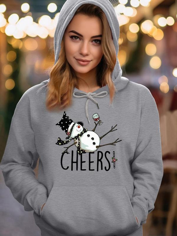 Women's Cartoon Snowman & Letter Print Drop Shoulder Hoodie, Fashion Casual Drawstring Pocket Hooded Sweatshirt for Daily...