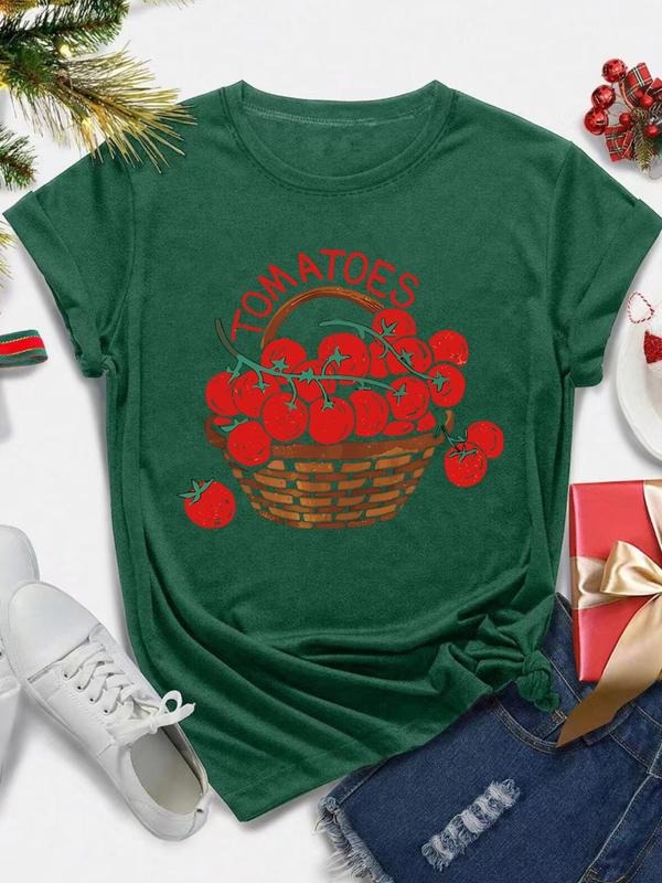 Women's Cartoon Tomato & Basketball Print Round Neck Tee, Casual Short Sleeve T-shirt for Daily Wear, Ladies Clothes for...