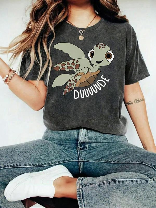 Women's Cartoon Turtle Print Round Neck Tee, Fashion Casual Crew Neck T-Shirt for Daily Holiday Vacation Outdoor Wear,...