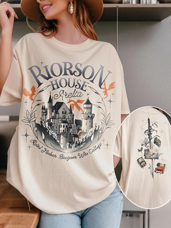 Women's Castle & Bird Print Round Neck Tee, Casual Short Sleeve T-shirt for Summer, Ladies Clothes for Daily Wear, Top...