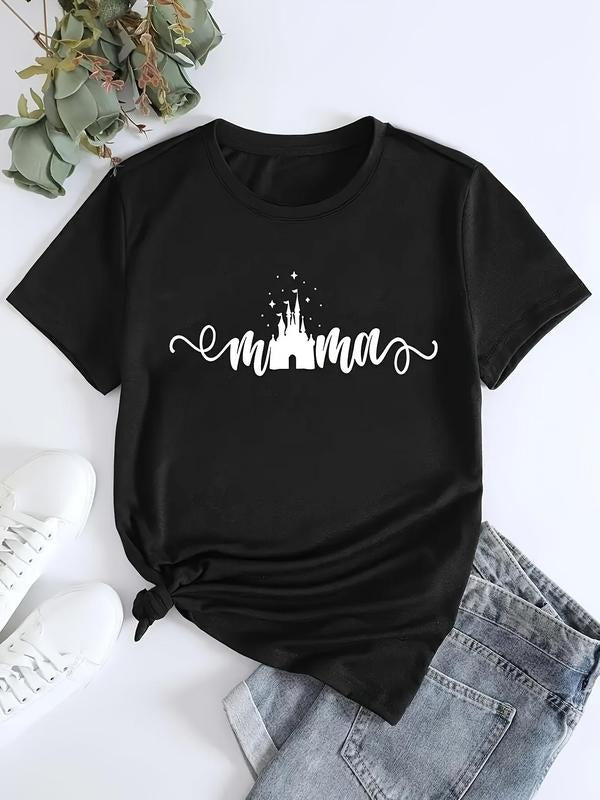 Women's Castle & Letter Print Round Neck Tee, Casual Short Sleeve Crew Neck T-Shirt for Summer, Fashion Women's Top for...