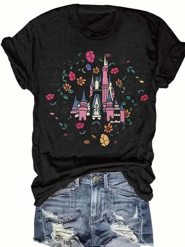 Women's Castle & Letter Print Round Neck Tee, Vintage Trendy Casual Short Sleeve T-shirt for Daily Wear, Ladies All...