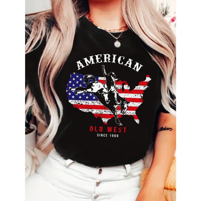 Women's Casual American Flag & Running Cowboy Print T-Shirt, Crew Neck, Loose Fit, 100% Cotton, Machine Washable,...