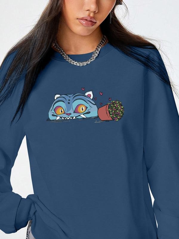 Women's Casual Animal Plant Heart Print Long Sleeve Round Neck Pullover Sweatshirt, Fall Winter Fashion, Moderate Fabric,...