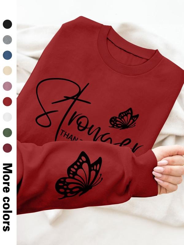 Women's Casual Butterfly Letter Print Long Sleeve Round Neck Pullover Sweatshirt, Fall & Winter Fitted Plain Design, 9...