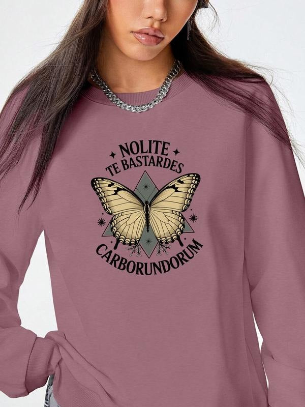 Women's Casual Butterfly Letter Print Long Sleeve Round Neck Pullover Sweatshirt, Fall & Winter Fitted Style, Available...